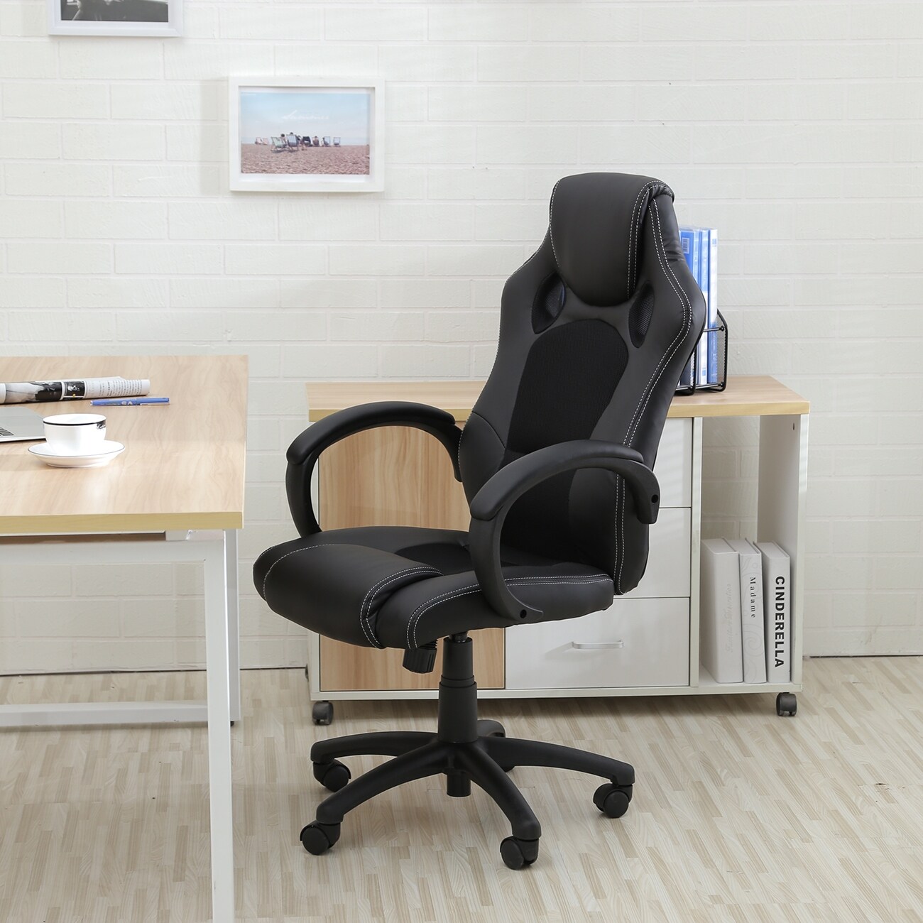 Homcom High Back Executive Racing Office Chair Pu Leather Swivel Computer Desk Seat Black And White