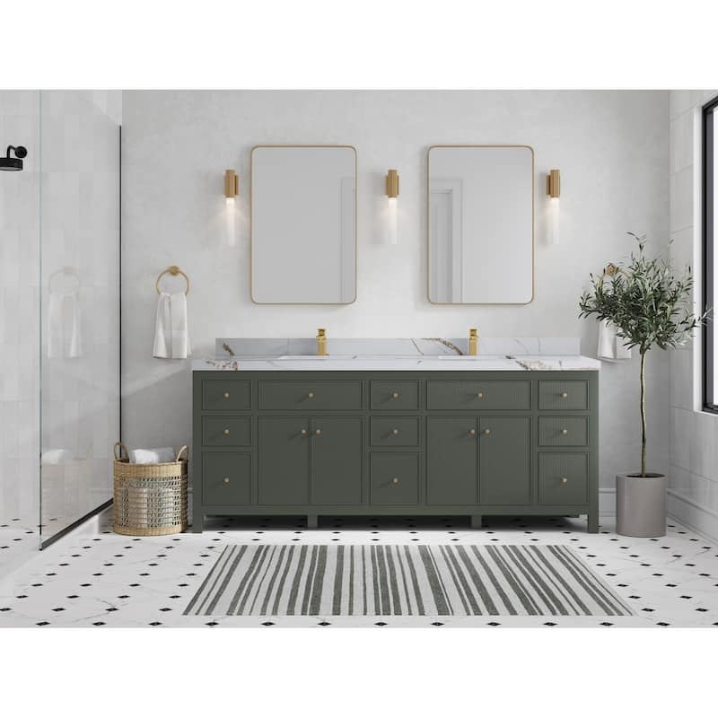 Willow Collections 84 in. W x 22 in. D Sonoma Free Standing Reeded Double Sink Bathroom Vanity with Countertop - 2" Calacatta Gold - Pewter Green