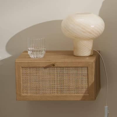 mopio Hannah Floating Nighstand, Natural Rattan Farmhouse Boho Wall Mounted Space Saving Bedside Tables, Nightstands