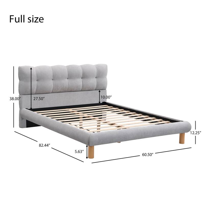 King Size Chenille Upholstered Platform Bed with Unique Curved Headboard, Grey Fabric, Sturdy Rubber Wood Frame, Easy Assembly