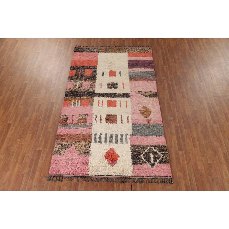 Geometric Plush Moroccan Oriental Area Rug Handmade Beige Wool Carpet - 5'11" x 10'1"