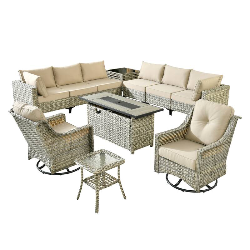 OVIOS 11-Piece Outdoor Wicker Swivel Chair Set With Solar-Powered Coffee Table&Fire Pit