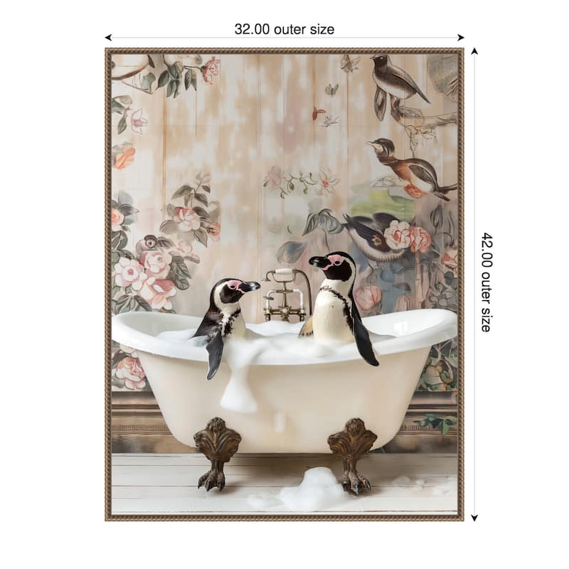 Penguin Pals in a Bubble Bath by Niky Rahner Framed Canvas Wall Art - 32 x 42 in
