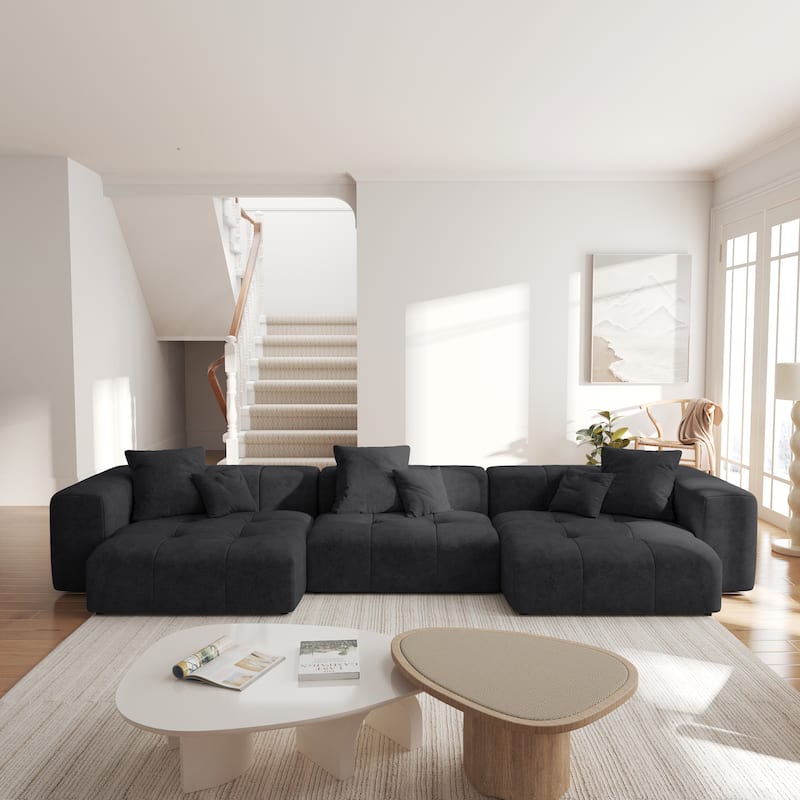144.17" Linen Modular Sofa Modern Sectional Sofa 3-Seater Couch Lounge Chaise
