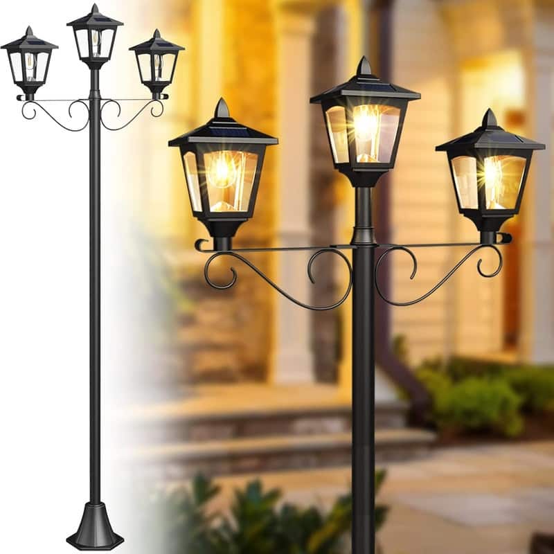 72" Solar Lamp Post Lights Triple-Head Waterproof Antique LED - Black
