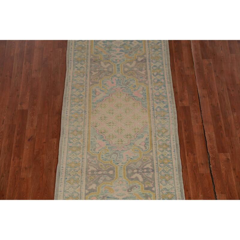 Hand Knotted Oriental 100% Wool Carpet Transitional Geometric Greys & Charcoal Oushak Runner Rug - 12' 1'' X 3' 1''