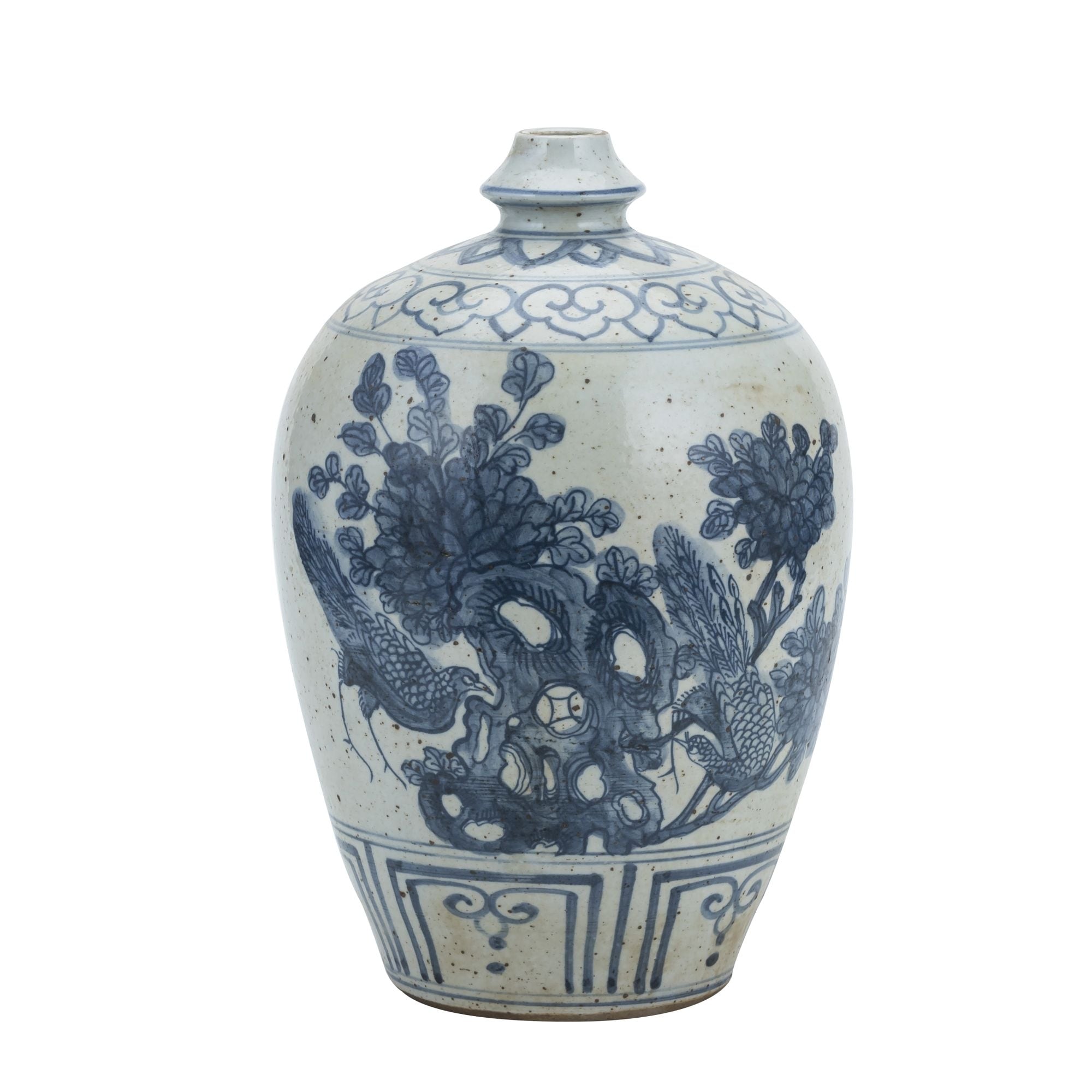 13 in H Blue And White Garlic Head Vase Flower Bird Motif Porcelain