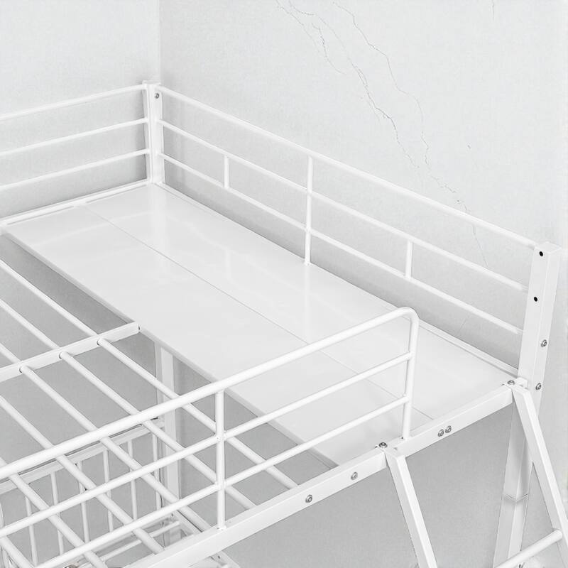 Full Over Twin & Twin Metal Triple Bunk Bed with Guardrails, Storage Drawers and Shelf, Convertible to 3 Beds