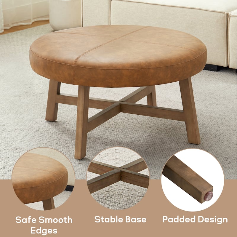 Round Upholstered Coffee Table with Solid Wood Base, Modern Fabric Ottoman Table for Living Room