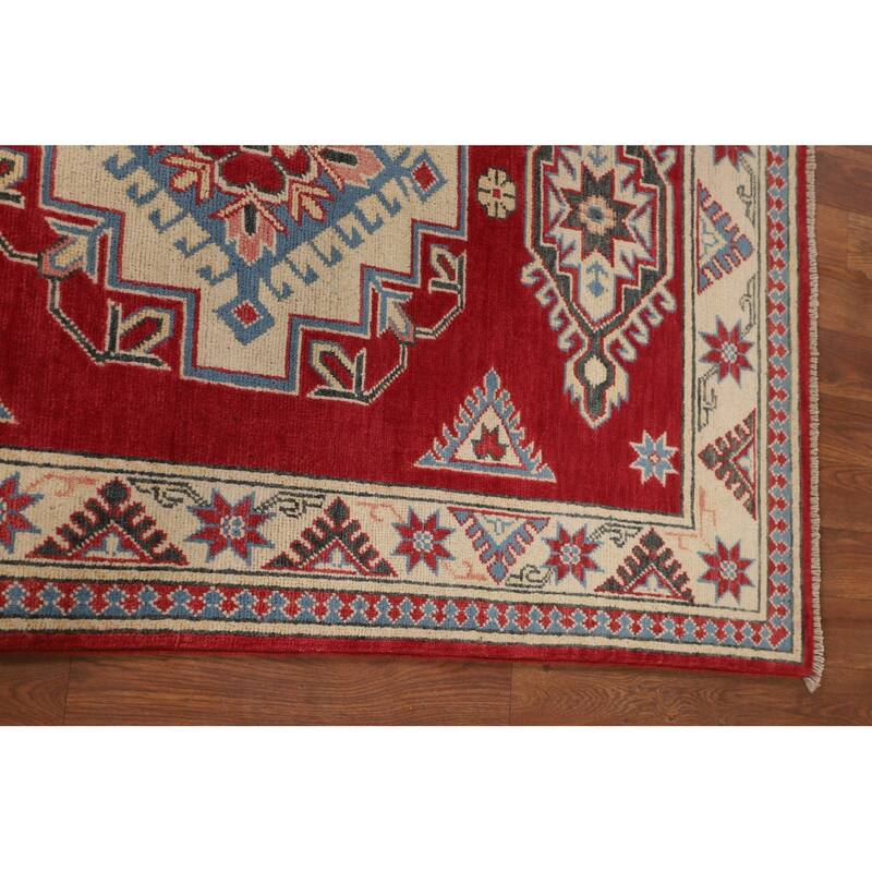 Geometric Red Kazak Accent Rug Hand-Knotted Wool Carpet - 3'4" x 4'9"