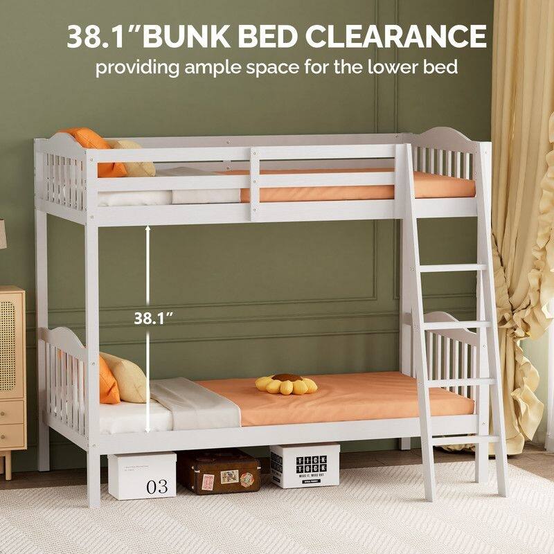 Twin Over Twin Solid Wood Bunk Bed for Kids and Adults, No Box Spring Required