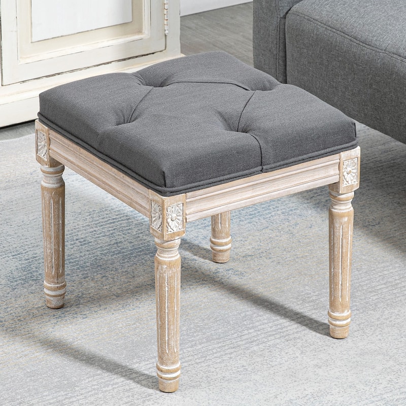 Upholstered Foot Stool with Button-Tufted Linen Cushion and Fluted Wooden Legs for Living Room - Grey
