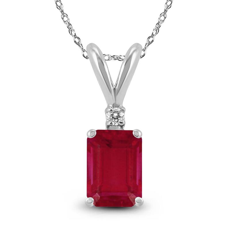 Marquee 14K White Gold 6x4MM Emerald Shaped Ruby and Diamond Pendant