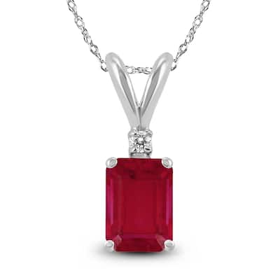 Marquee 14K White Gold 6x4MM Emerald Shaped Ruby and Diamond Pendant