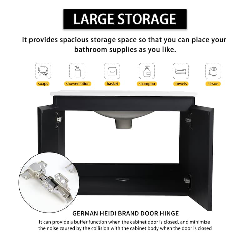 24 Inch Wall-Mounted Vanity with Ceramic Sink, Soft-Close Hinges & Triple Doors for Bathrooms