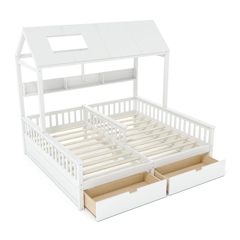 Double Twin Platform Bed with Storage Shelves and Drawers, House Platform Bed with Support Slats, Childlike