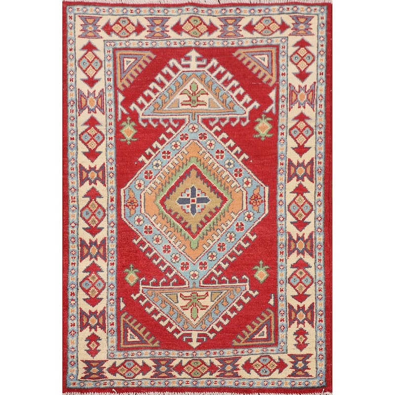 Red Geometric Kazak Oriental Accent Rug Handmade Wool Carpet - 2'8" x 3'11"