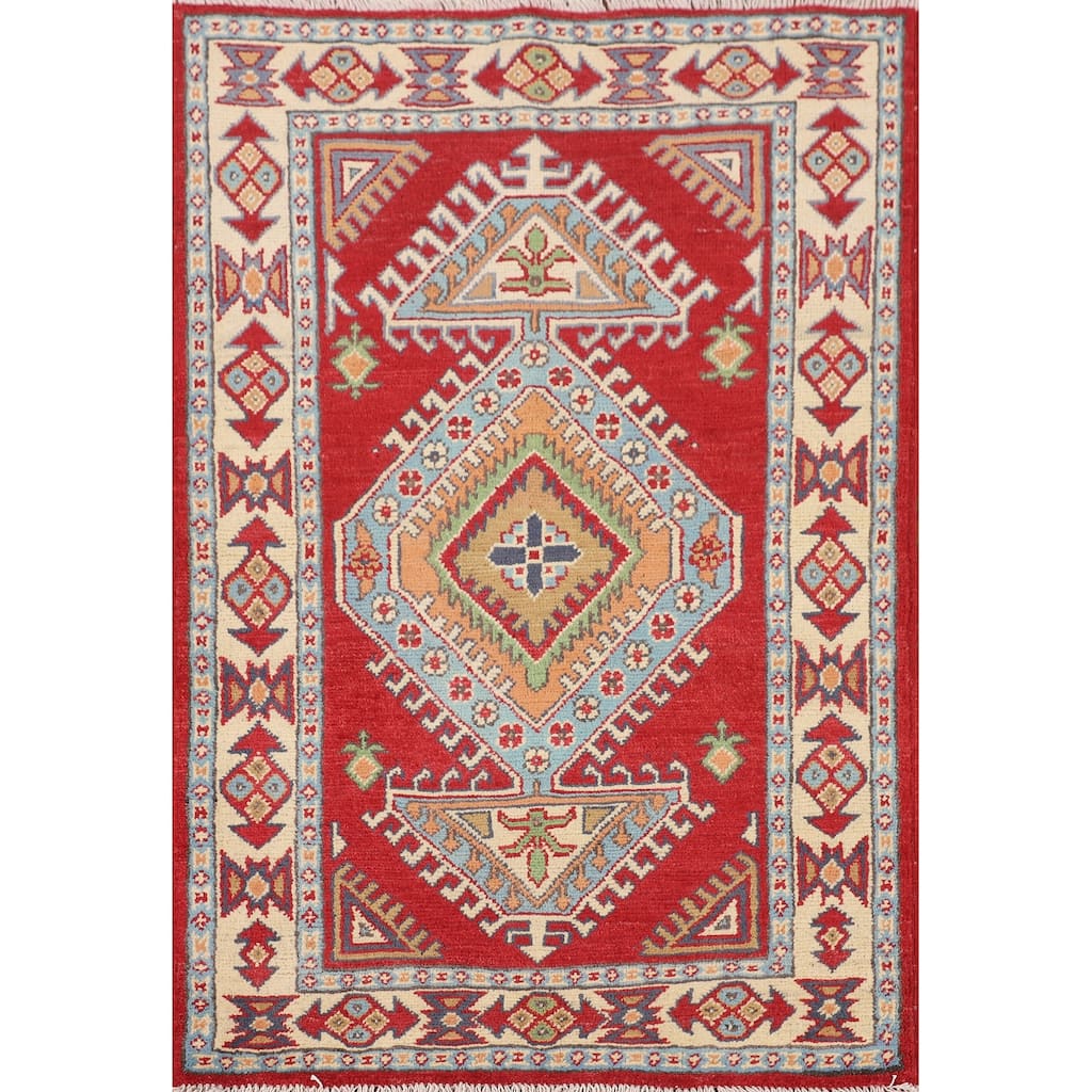 Red Geometric Kazak Oriental Accent Rug Handmade Wool Carpet - 2'8" x 3'11"