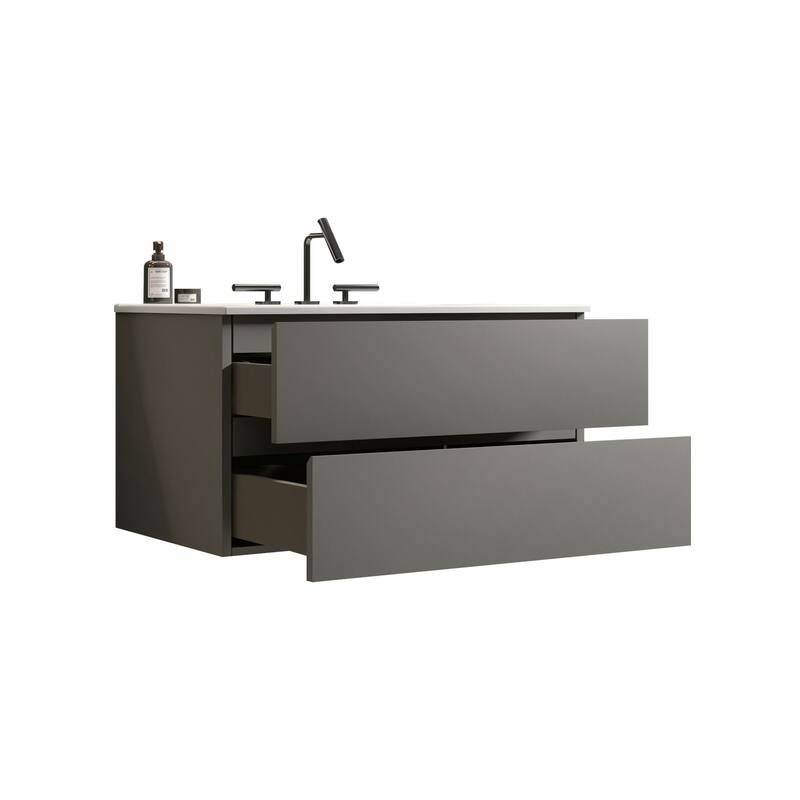 36-Inch Wall Mount Bathroom Vanity in Space Grey with Ceramic Sink, Large Storage