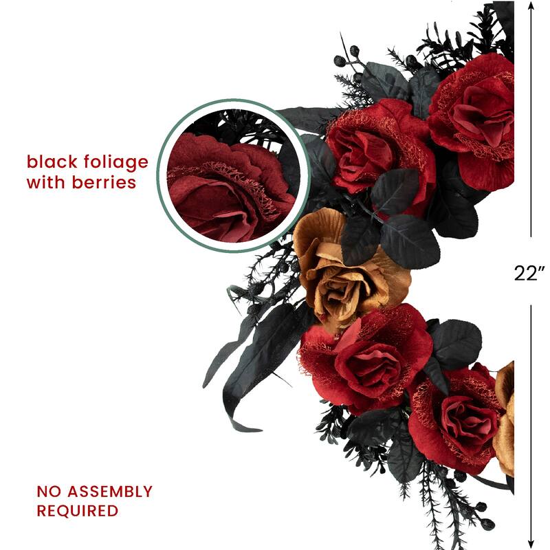 Roses with Mixed Foliage Halloween Wreath - 22" - Red and Gold - Unlit