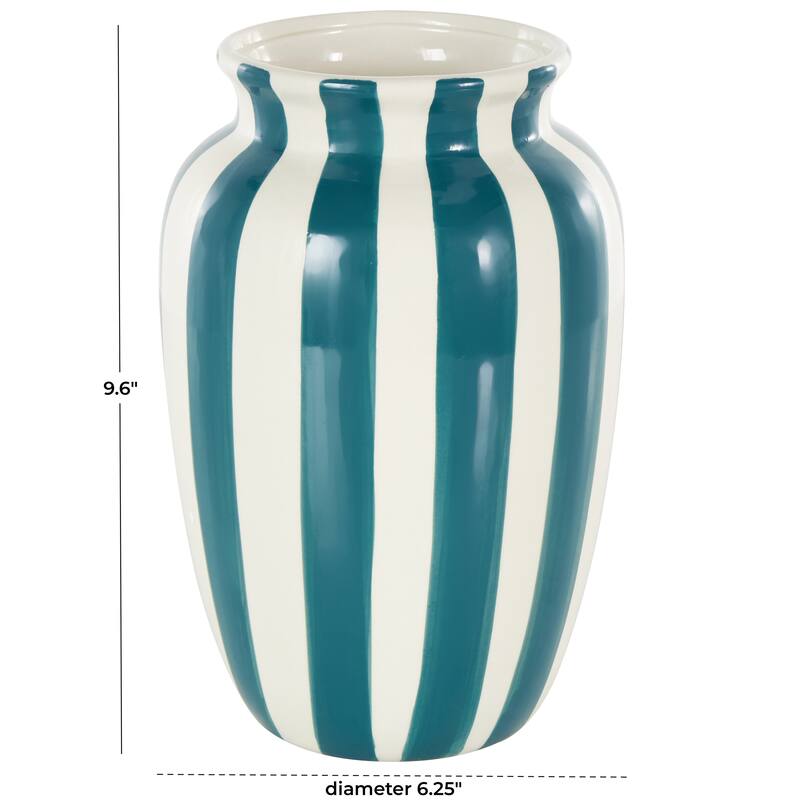 White Ceramic Round Wide Decorative Vase with Yellow or Teal Vertical Stripes