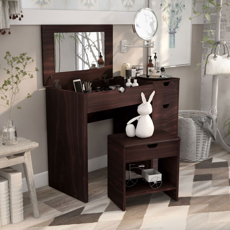 Furniture of America Laurel Transitional Walnut Flip-top 2-Piece Makeup Vanity Set with Mirrored Glass