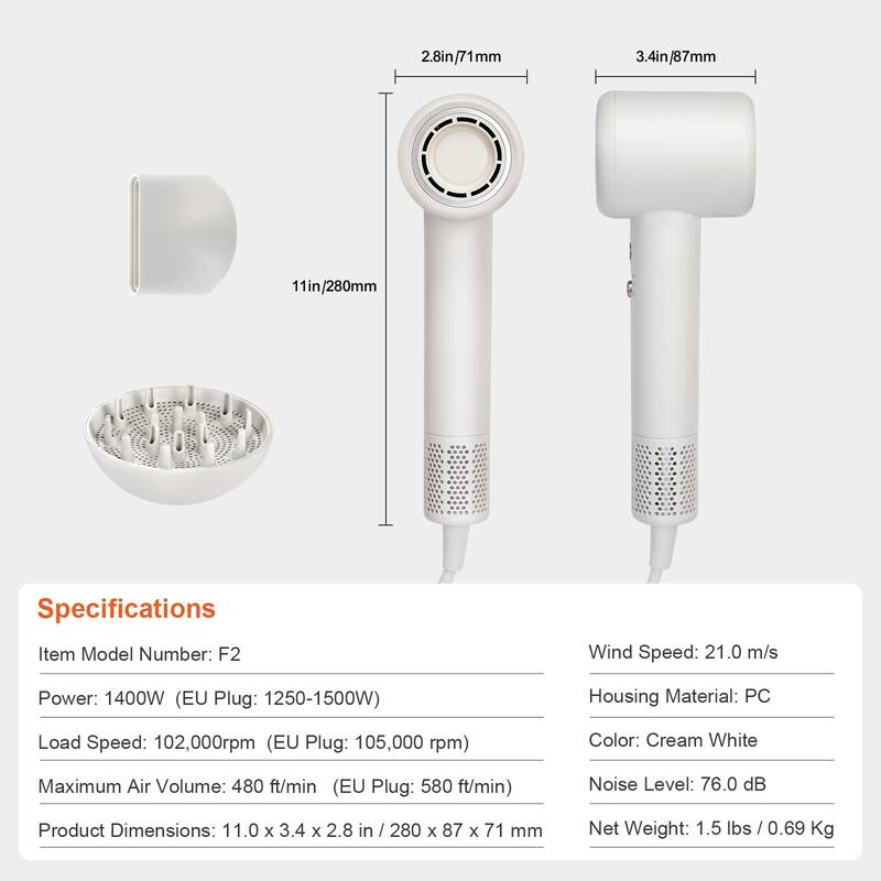 High-Speed Hair Dryer Lightweight Hairdryer with Diffuser & Nozzle for Home Travel - 102,000 rpm