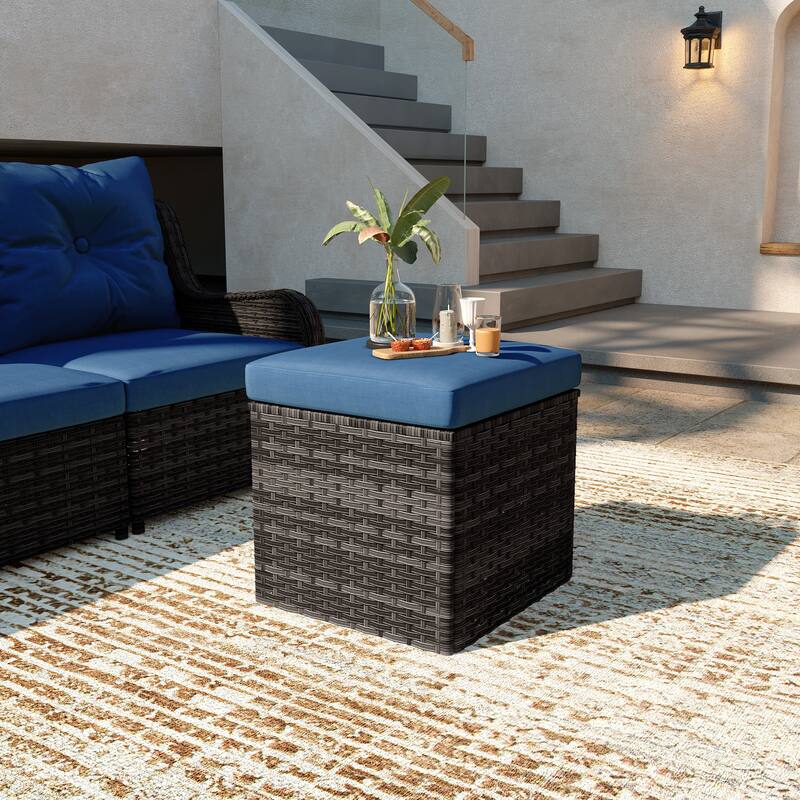 Outdoor Wicker Square Storage Ottoman with Plush Cushion