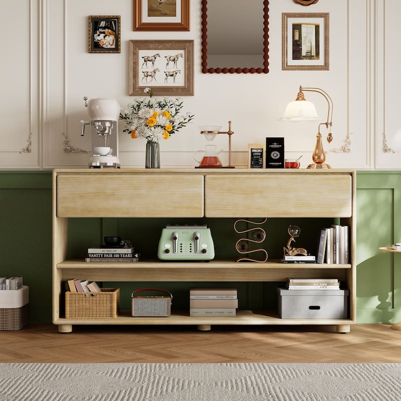 3-Tier Console Table, Pine Veneer Entryway Table with Drawers and Open Storage Shelf, Hallway Table with Solid Wood Legs