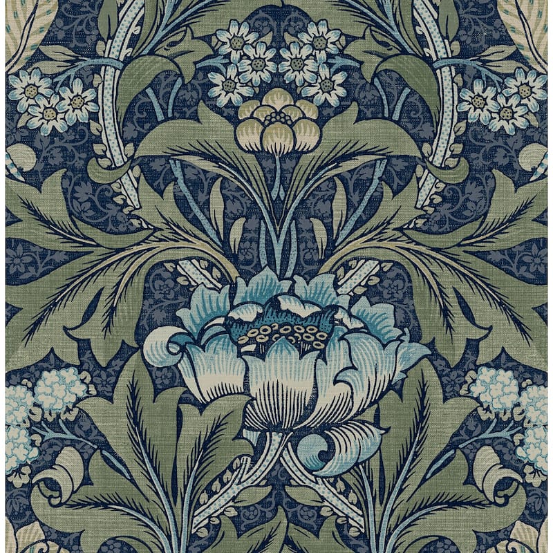 Seabrook Designs Acanthus Floral Prepasted Wallpaper - 20.5 in. W x 33 ft. L - Denim & Sage