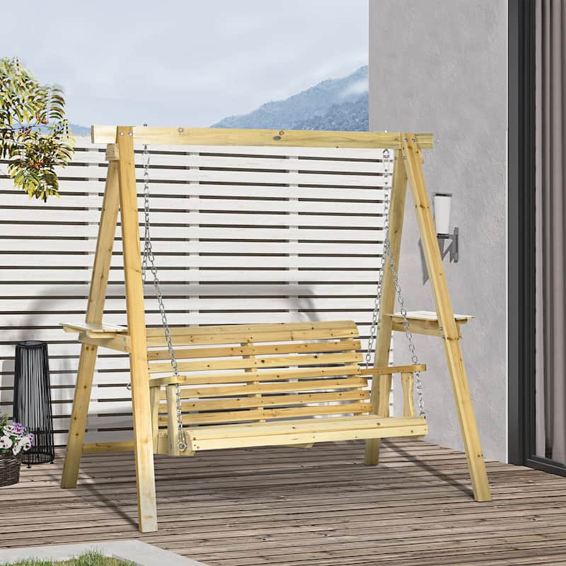 Outsunny 2-Seat Porch Swing Loveseat with Stand and Side Tables, Wooden Patio Swing Chair, for Garden, Poolside, Backyard - 77.25" W x 47.25" D x 67.25" - Natural Tan