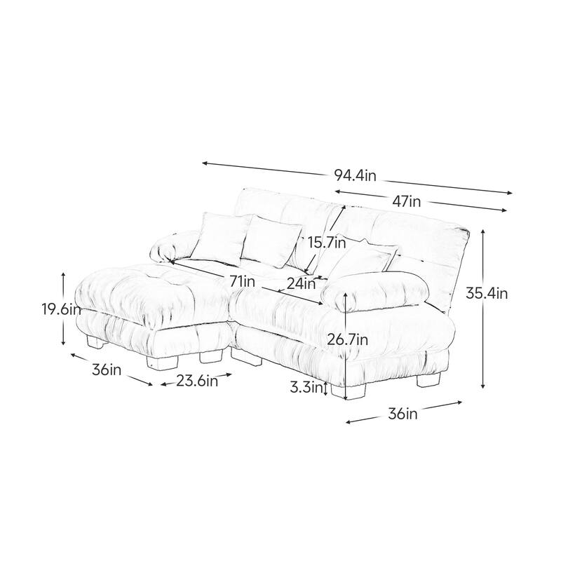 Chenille 2 Seater Sectional Sofa with 2 Lumbar Pillows, Modern Upholstered Loveseat Couch with Movable Ottoman for Living Room