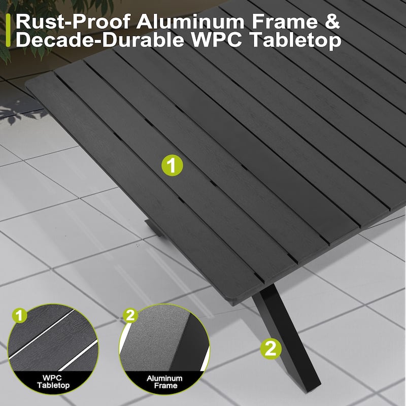 Aluminum Rectangular Outdoor Patio Dining Table with Durable Adjustable Reclining Folding Chair