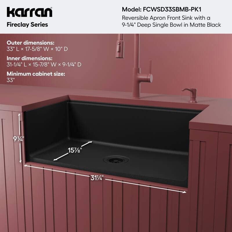 Karran 33" Single Bowl Workstation Fireclay Kitchen Sink with Reversible Diamond/Flat Apron Front