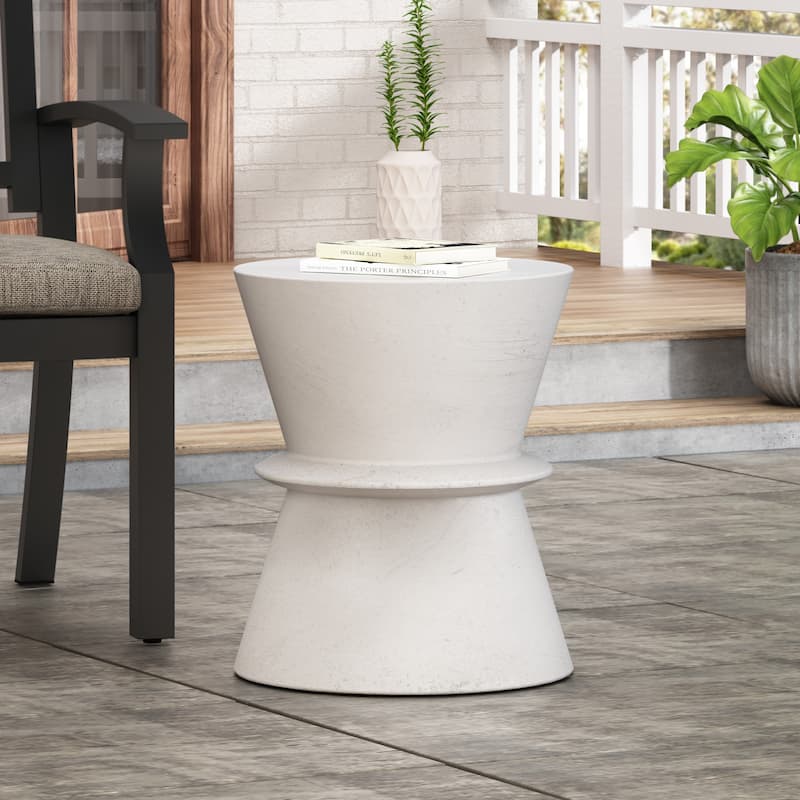 Roomfitters Outdoor Lightweight Concrete Side Table, Modern Hourglass Accent Patio End Table, Antique White