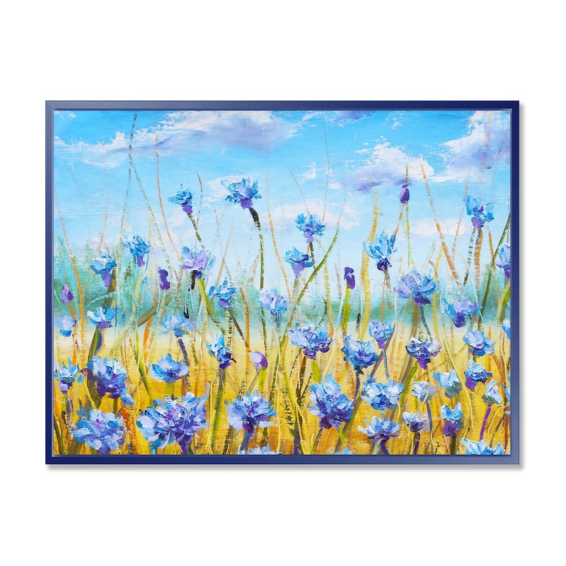 Designart "Blue Flowers in Meadow " Floral Framed Canvas