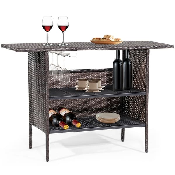 slide 2 of 10, Costway Patio Rattan Wicker Bar Height Counter Table Storage Shelf Brown