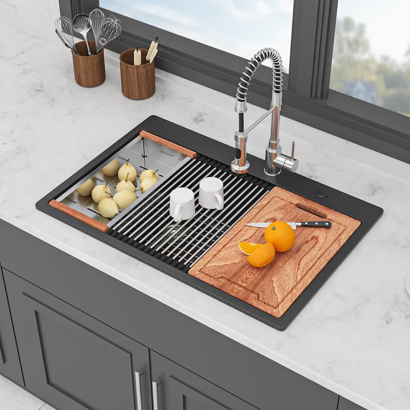 33 Inch Drop-in Double Bowl Quartz Kitchen Sink - 33'' x 22'' x 9.65''