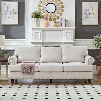 Modern 3 Seater Lounge Couch Deep Seat Upholstered Sofa with Hidden Storage, Round Armrests with Silver Nailhead Trim