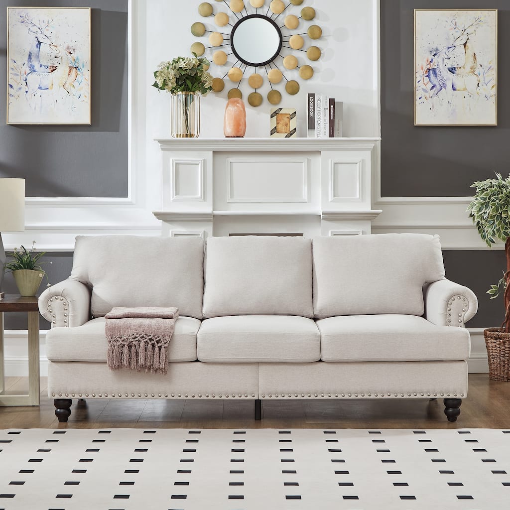 Upholstered Fabric Sofa with Storage, Comfy Oversized Deep Seat Sofa, 3 Seater Sofa with Nailhead Trim & Rolled Armrests