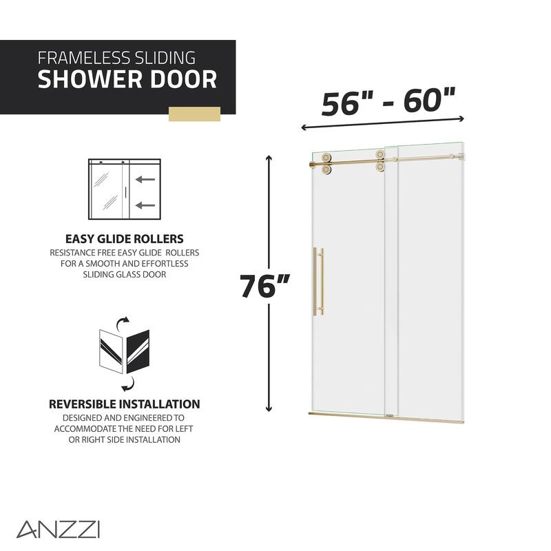 ANZZI Series 56 to 60 in. x 76 in. Frameless Shower Door with Sliding with Tsunami Guard Tempered Clear Glass