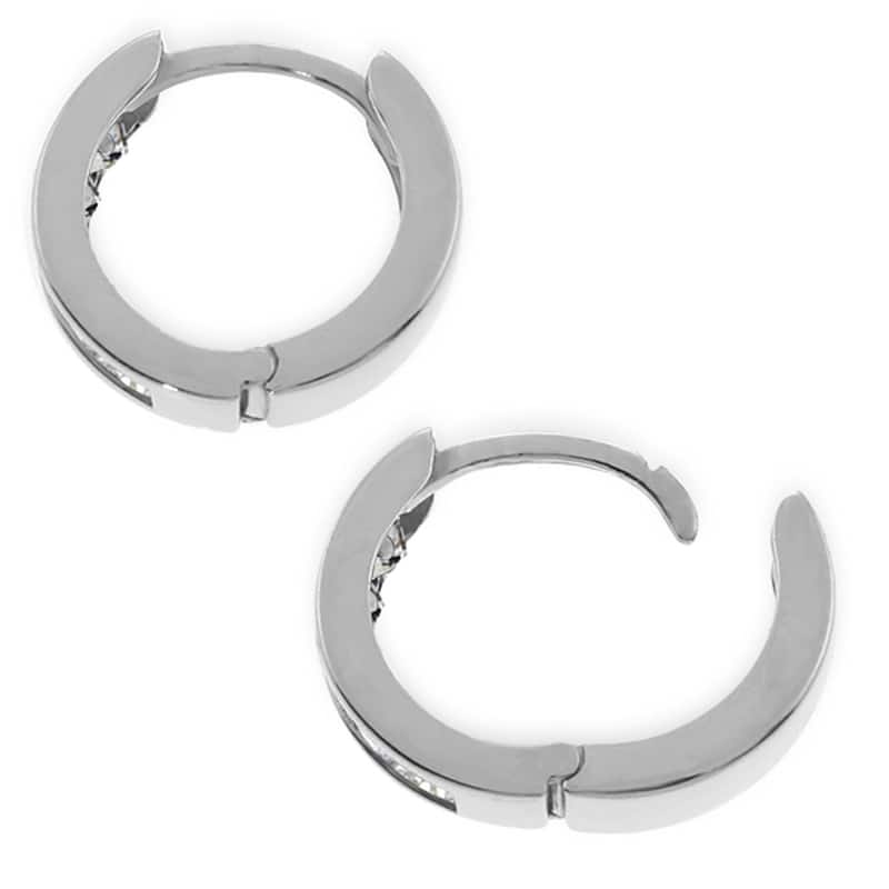 14K Solid Gold Hoop Huggie Gemstone Earrings w/ Natural White Topaz