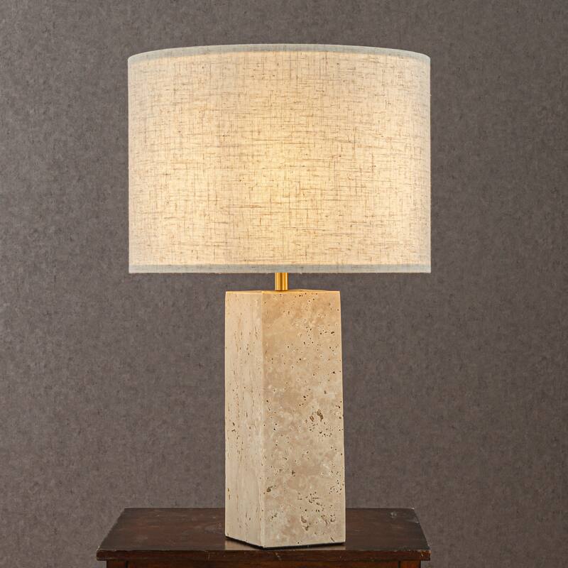 CraftHome 1-Light Modern Natural Rectangular Travetine Table Lamp With Beige Linen Shade For Bedroom and Living Room - W14'' - Yellow Travertine