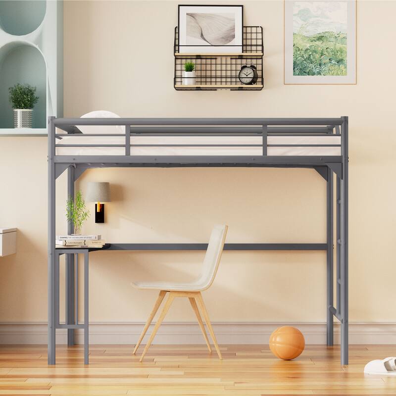 Silver Twin Size Metal Loft Bed with Desk and Guardrails