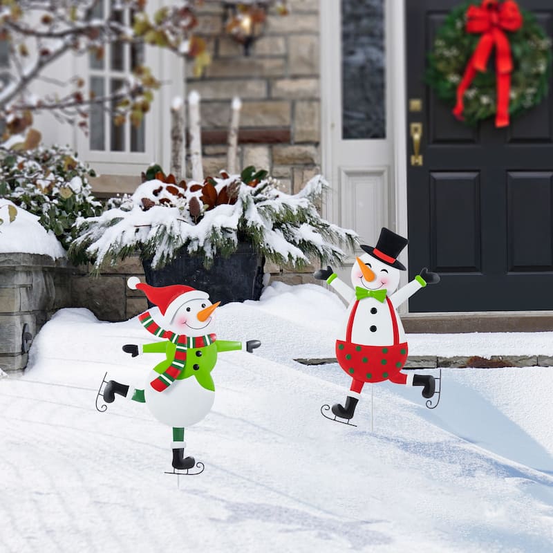 Glitzhome Set of 2 36"H Metal Christmas Skiing Snowmen Yard Stake Wall Decor - Multi