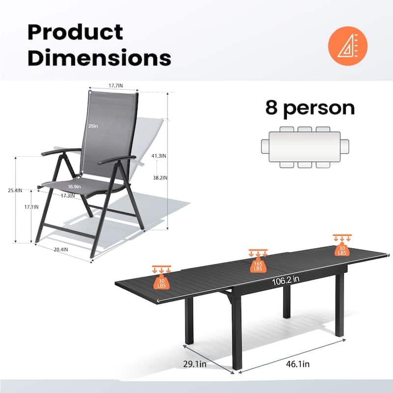 Outdoor 5/7/9-Piece Aluminum Patio Dining Set with Expandable Table and Folding Chairs