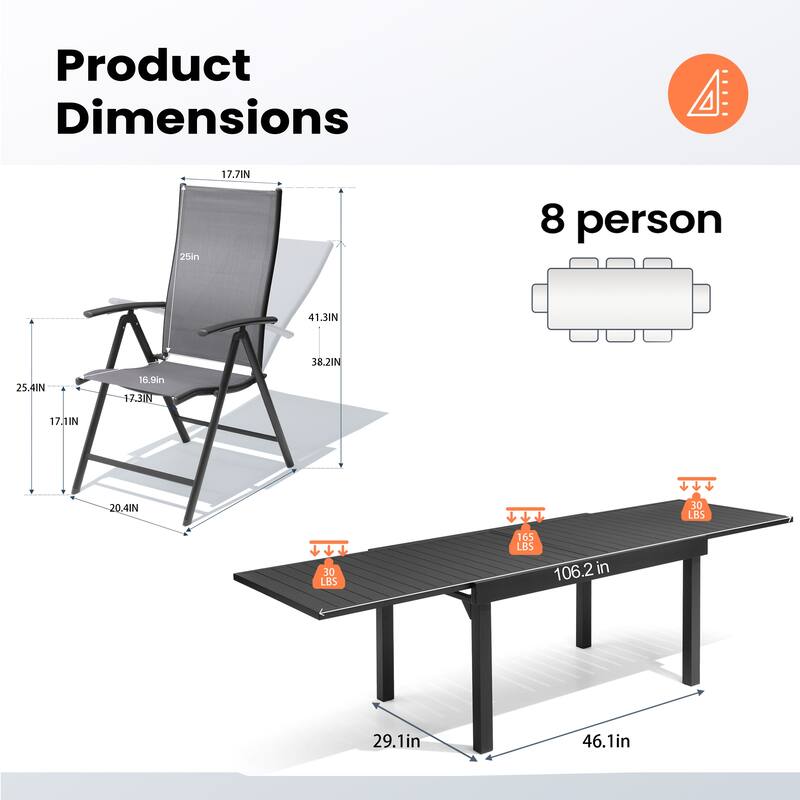 Outdoor Extendable Patio Dining Table with Durable Adjustable Reclining Folding Chair