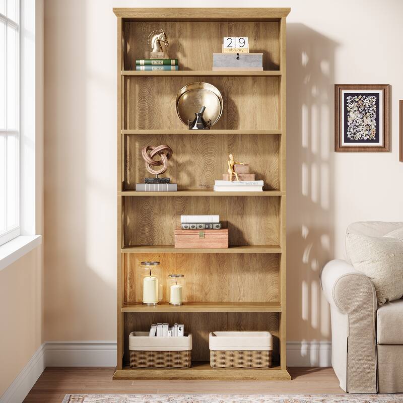 6 Tier Bookshelf, 75 Inch Tall Bookcase, Freestanding Display Shelves - Light Brown - 1-Piece