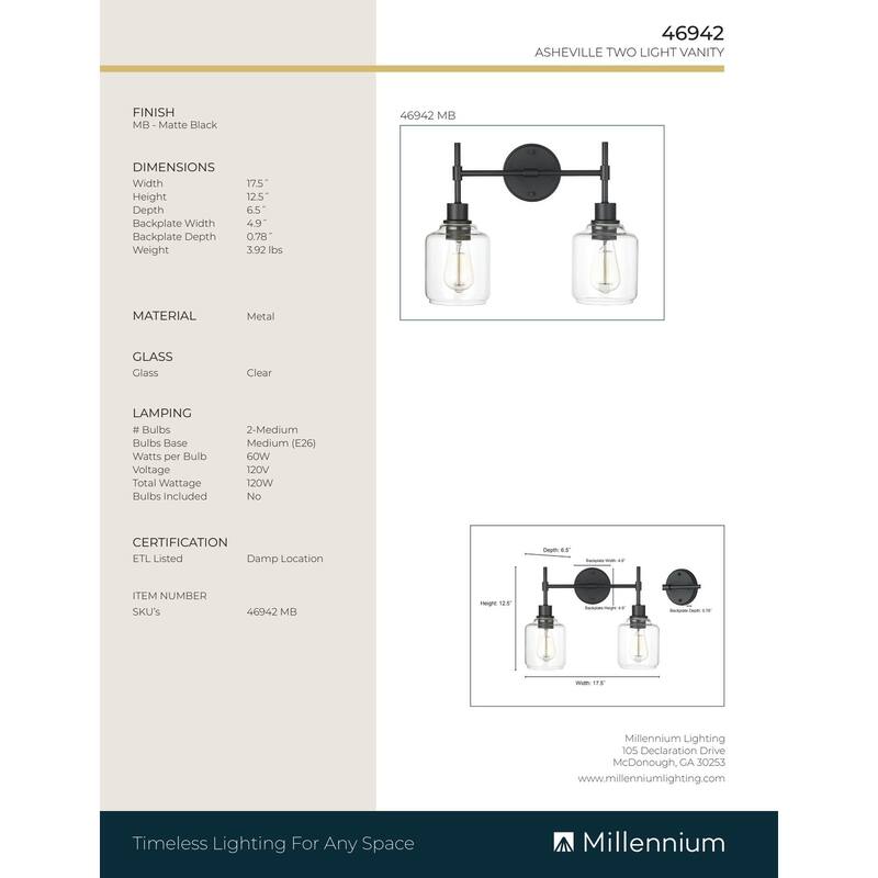 Millennium Lighting Asheville Bathroom Vanity Fixture in Matte Black with Clear Glass Shades