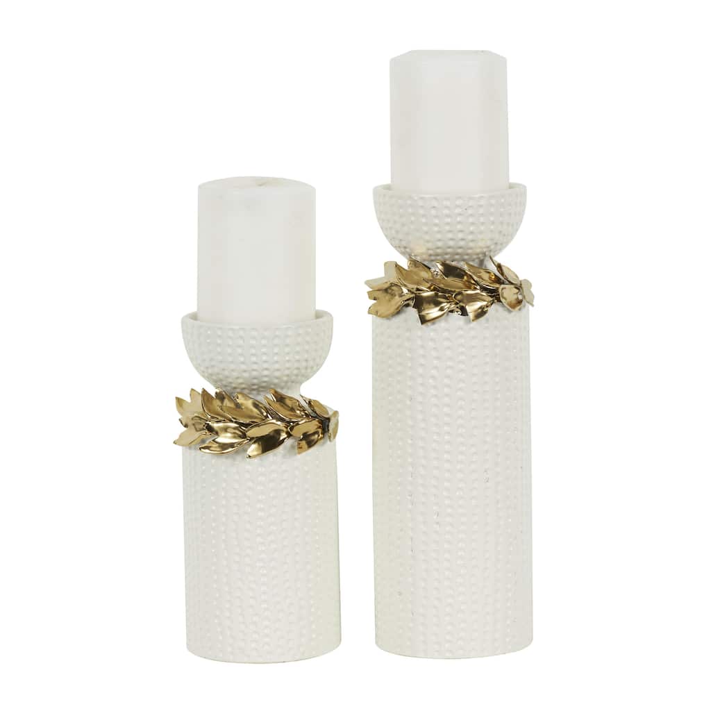 Ceramic Decorative Candle Holder with Abstract Spotted Pattern and Gold Leaf Accents - Set of 2 White - Roche River Decor